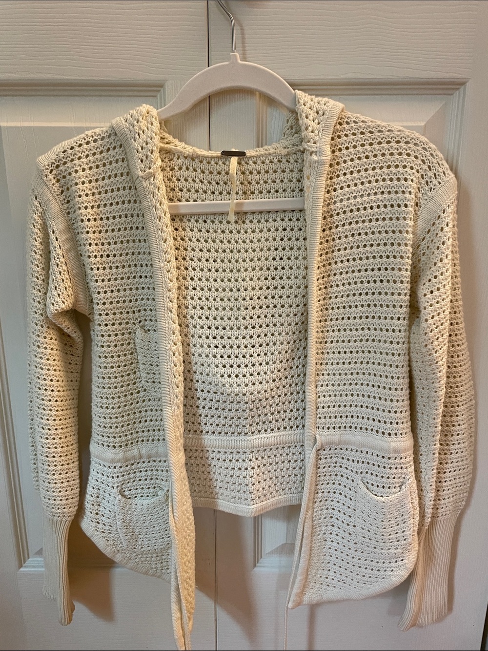 Vintage Free People Cream Open-Knit Hooded Sweater Cardigan